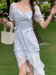 Coffee break French beautiful blue floral dress new high-end exquisite temperament slimming puff sleeve long skirt