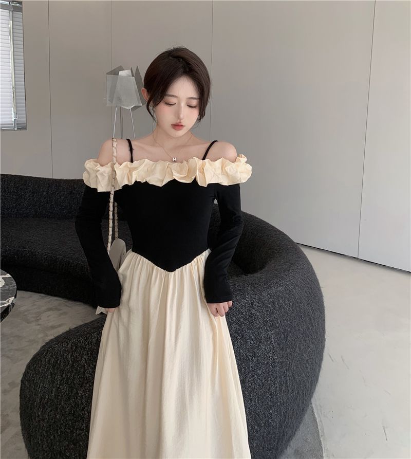 法式氣質花邊一字領拼接撞色長袖連衣裙女2025秋季新款中長a字裙