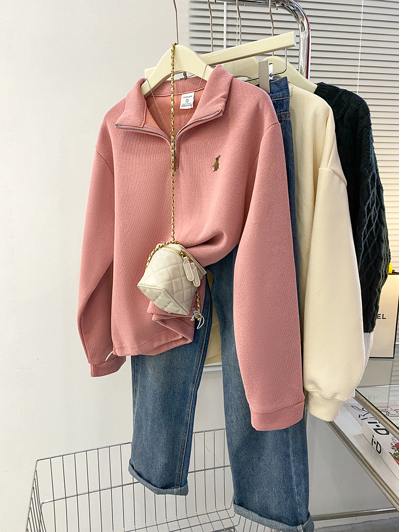 實拍米呢刷毛複合330克衛衣女早春新款2025刺繡拉鏈翻領上衣女裝