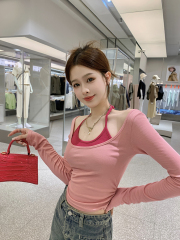 假兩件撞色長袖T恤春季掛脖修身短款上衣