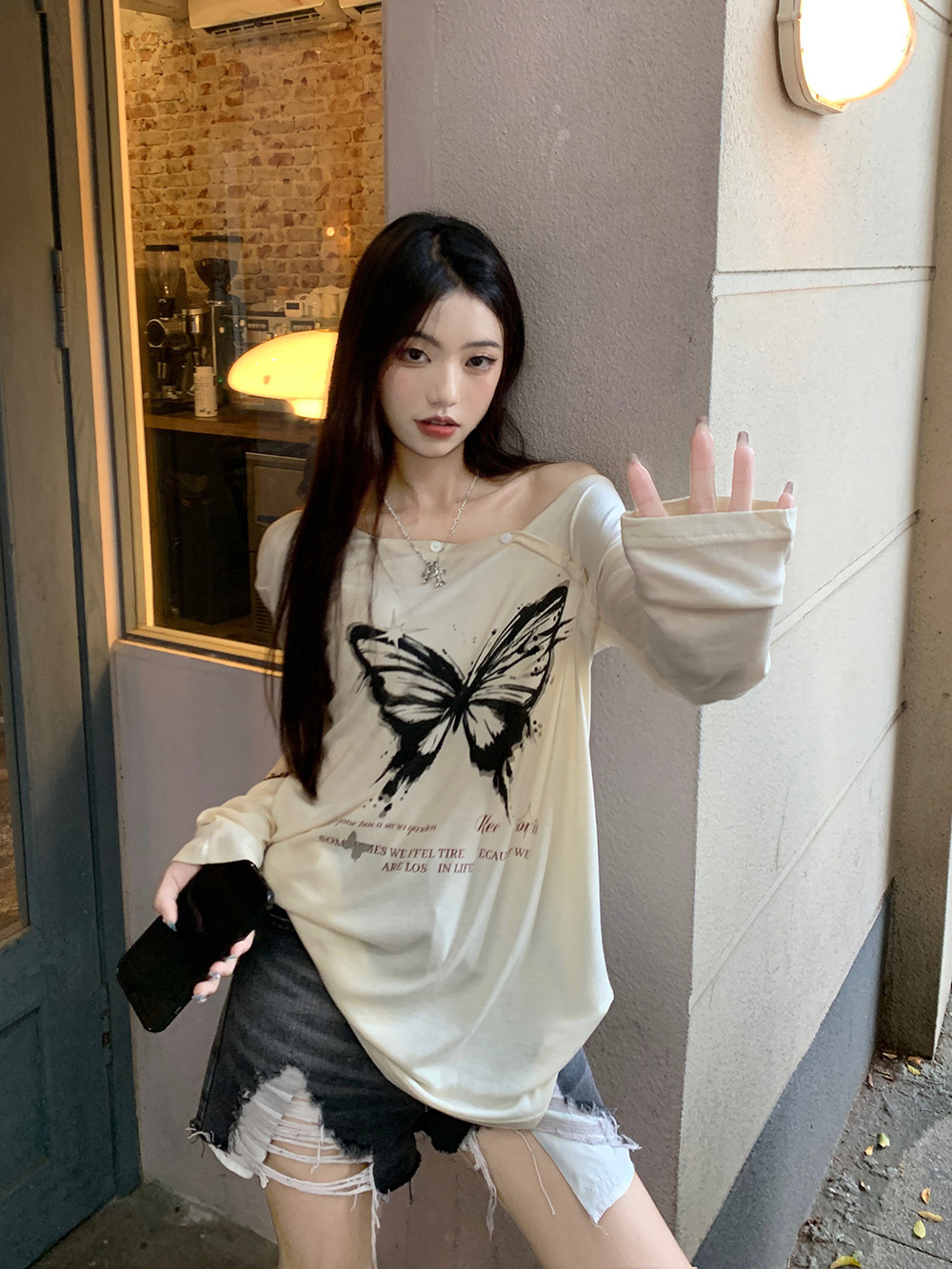 純欲風蝴蝶T恤早秋chic辣妹慵懶防曬不規則露肩上衣