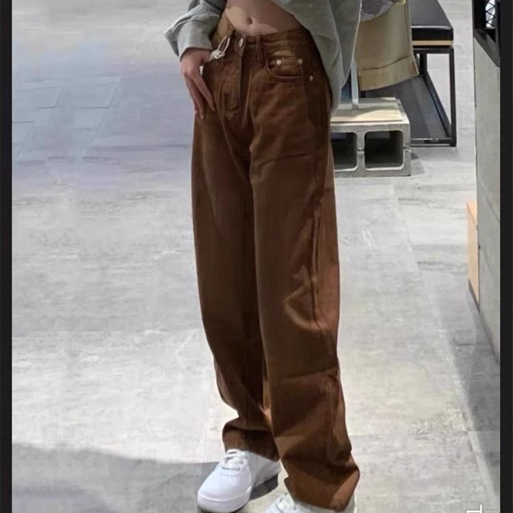 美式復古咖色褲子女oversize春季高腰顯瘦寬鬆直筒棕色闊腿牛仔褲