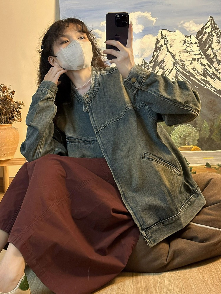 港風復古外套女秋季寬鬆設計感休閒開衫百搭做舊水洗牛仔夾克上衣