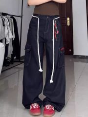 嘻哈潮牌美式復古休閒大口袋工裝褲女寬鬆直筒設計墜感闊腿牛仔褲