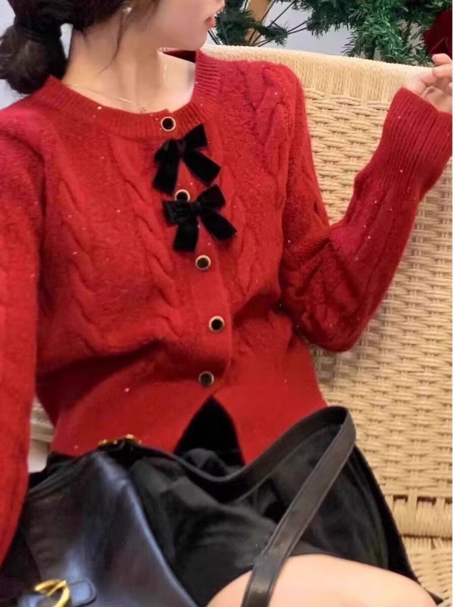 韓系蝴蝶結麻花毛衣外套女裝2025春秋新款獨特超好看純色針織開衫