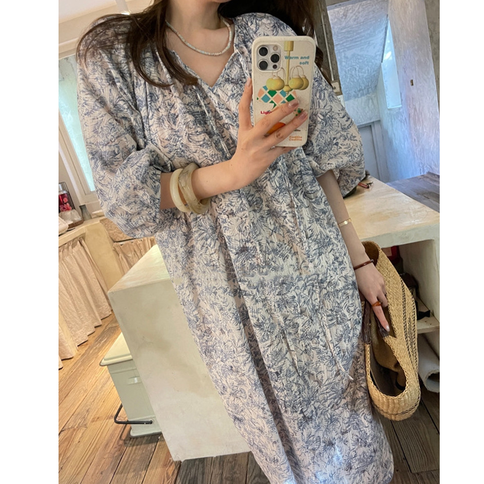 法式復古碎花v領短袖長裙減齡2025新款女裝夏季高腰長款連衣裙女