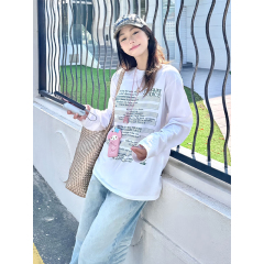 高質量純棉200克21支精梳精密印花秋季寬鬆長袖T恤女