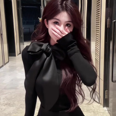 2025原版黑色蝴蝶結女春秋內搭打底衫T恤修身顯瘦氣質長袖上衣