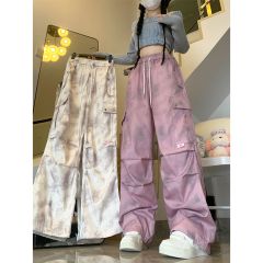 American tie-dye dirty fast-drying work pants for women, summer design sense pleated loose versatile casual floor-length wide-leg pants