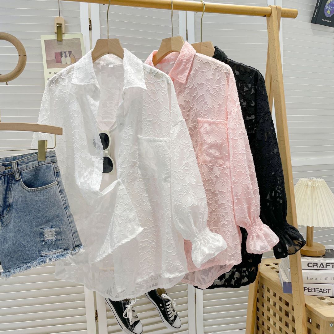 Real photos of Tmall quality spring and summer thin mid-length cardigan polo collar long sleeve shirt lantern sleeve jacket