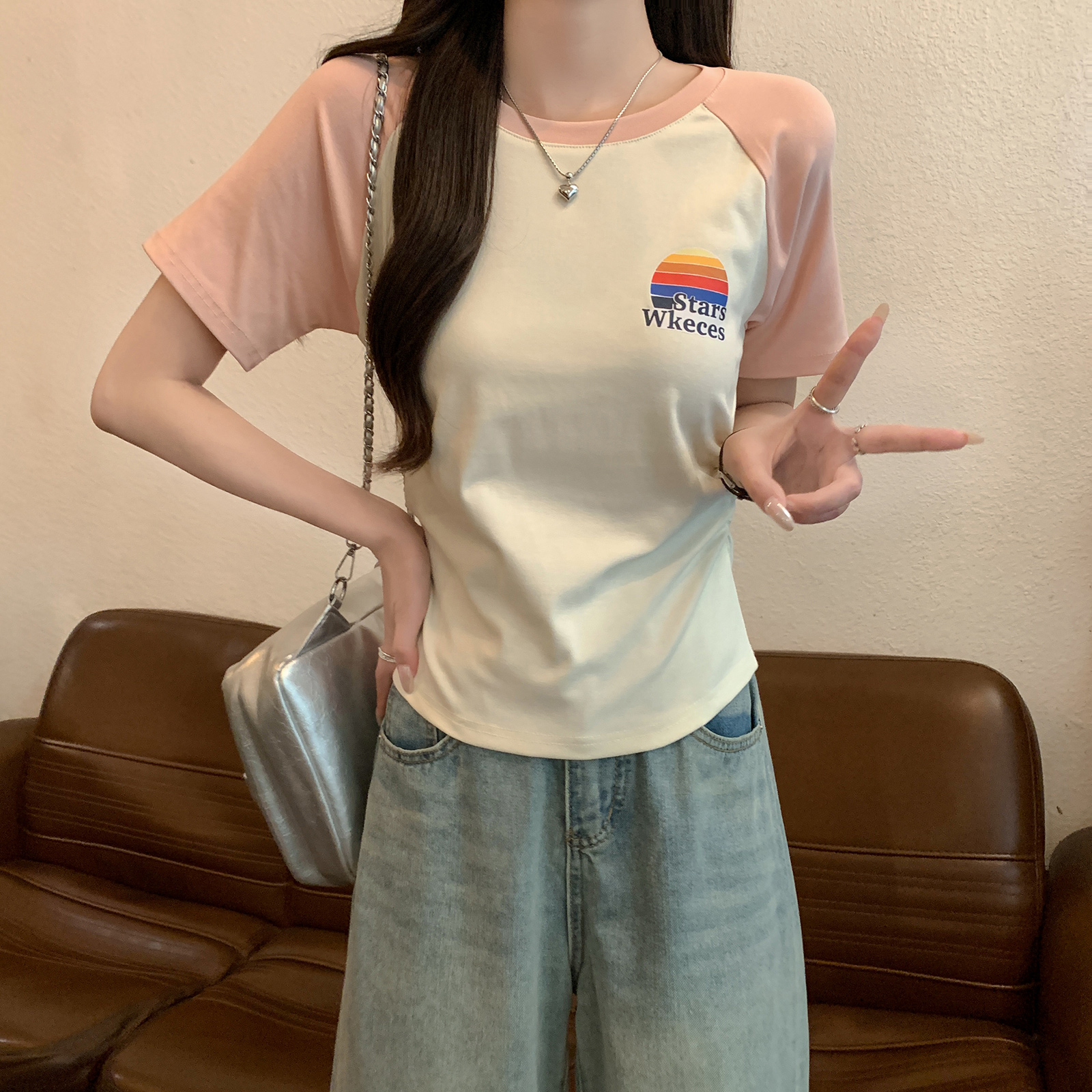 實拍1*1螺紋210克短袖t恤夏2025插肩袖印花修身短款圓領上衣女裝