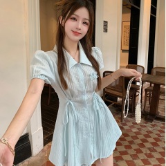 French ribbon design, waist-cinching short-sleeve blue shirt dress, high-waisted bottom shorts, summer two-piece set for women