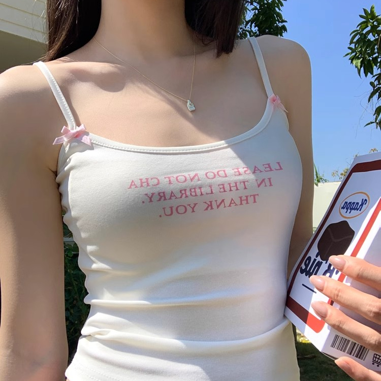 純欲白色字母吊帶小背心女夏季甜辣妹性感蝴蝶結內搭短款上衣外穿