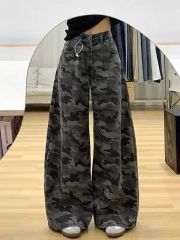 美式高街工裝闊腿迷彩牛仔褲女2025春季復古高腰寬鬆顯瘦拖地褲子