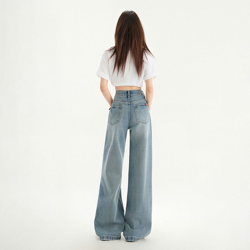 Real shot 2025 retro grinding white wash natural drooping feeling without elastic high waist slightly loose flared jeans for women