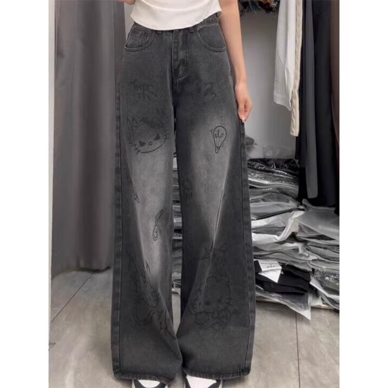 美式街頭復古卡通塗鴉闊腿牛仔褲女春秋高腰顯瘦直筒寬鬆拖地褲子
