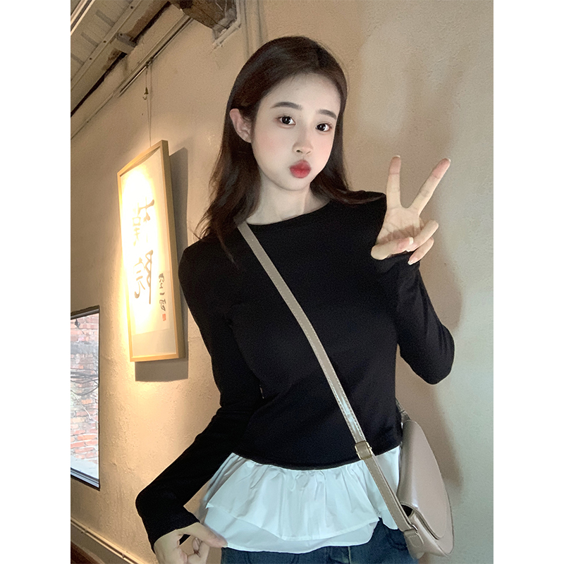 實拍260克磨毛長袖t恤女荷葉邊下擺2025早春假兩件打底衫圓領上衣