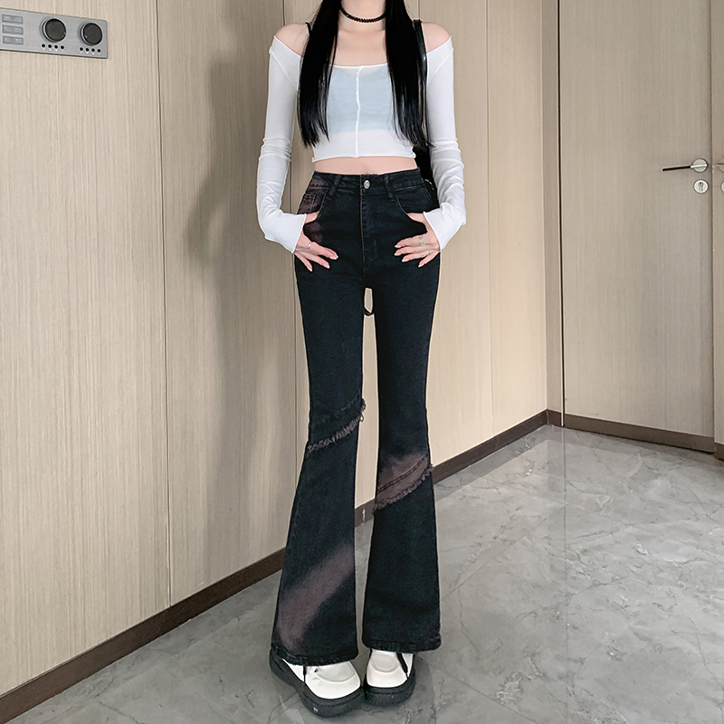 實拍~漸變微喇叭牛仔褲女新款美式復古扎染設計感馬蹄褲子