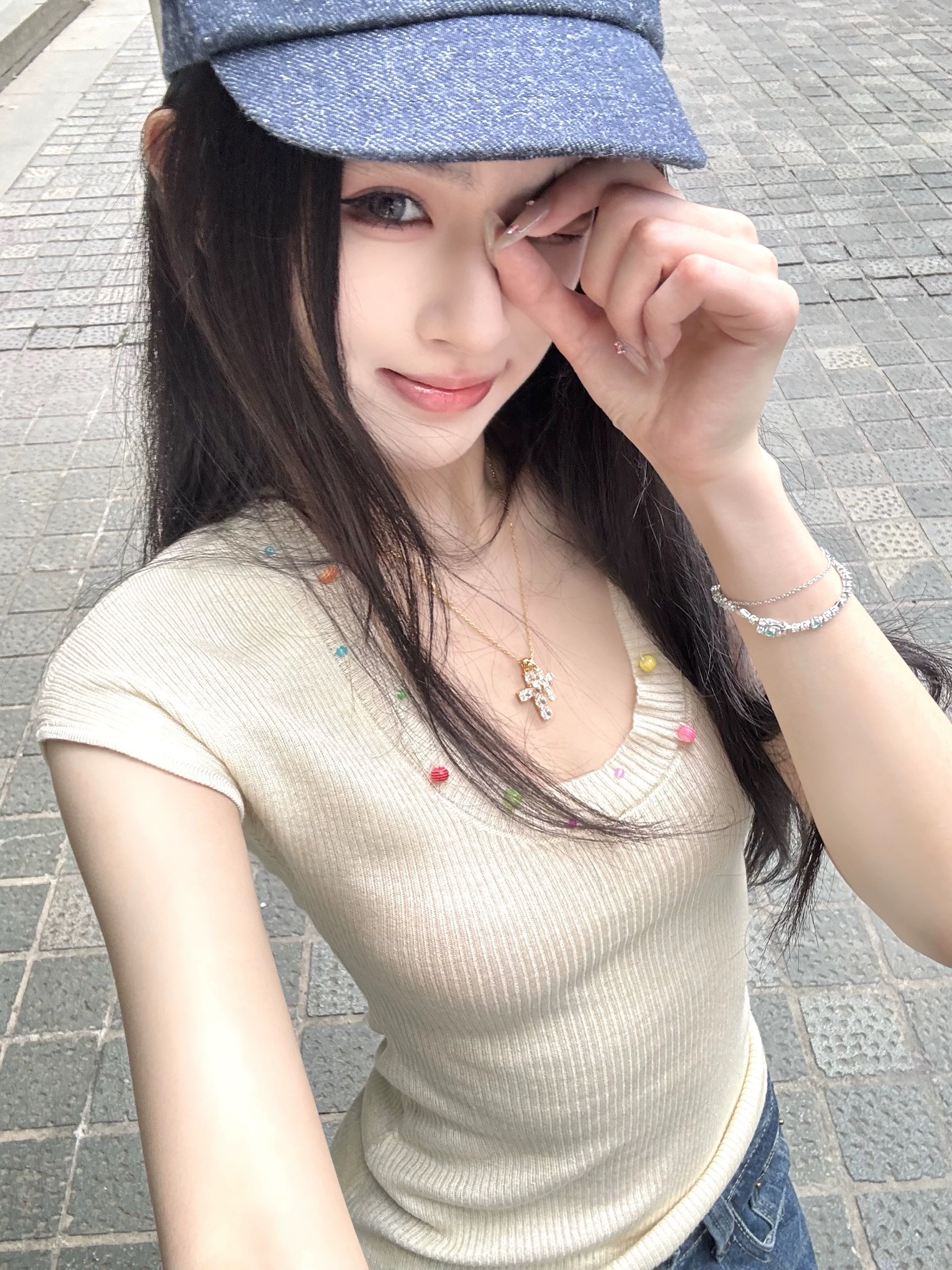 @uniken高智女友夏彩珠釘扣修身針織衫短款百搭短袖T恤上衣女