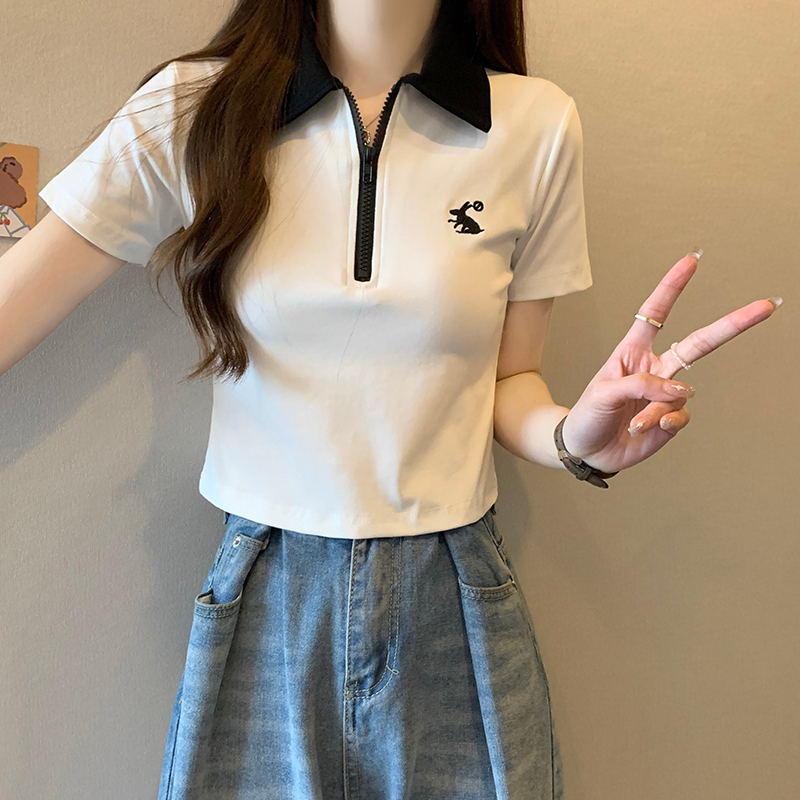 實拍質量短袖t恤女夏2025韓版印花短款撞色翻領上衣大碼女裝