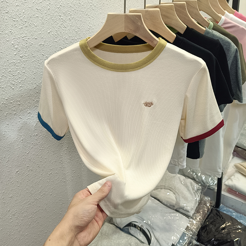 實拍2*2螺紋短袖t恤女夏2025刺繡花純色撞色短款圓領上衣大碼女裝