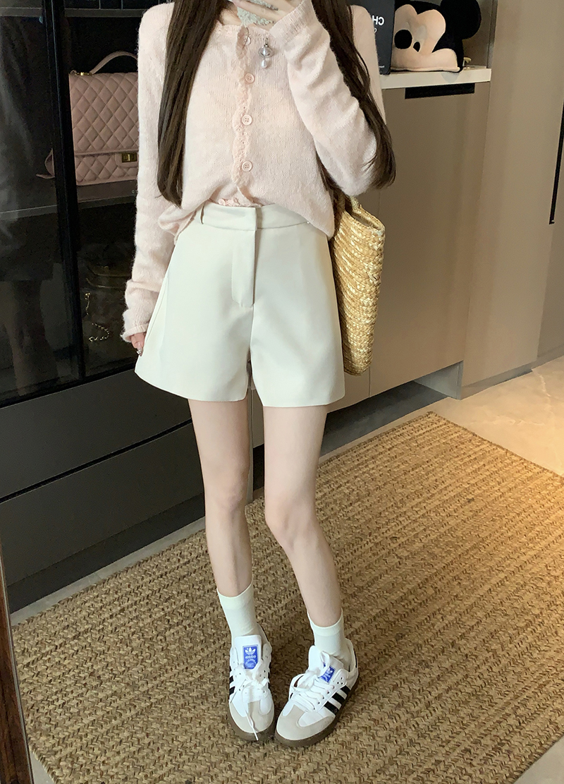 實拍2025春季新款杏白色短褲女高腰西裝闊腿褲直筒褲夏季百搭褲子