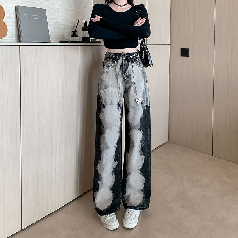 實拍~墨染撞色闊腿牛仔褲女春秋季新款高腰寬鬆直筒牛仔褲子