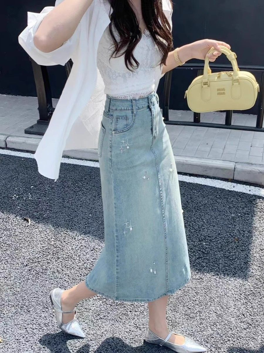 夏季新款牛仔裙女高腰顯瘦半身裙燙鑽釘珠後開叉中長包臀裙子