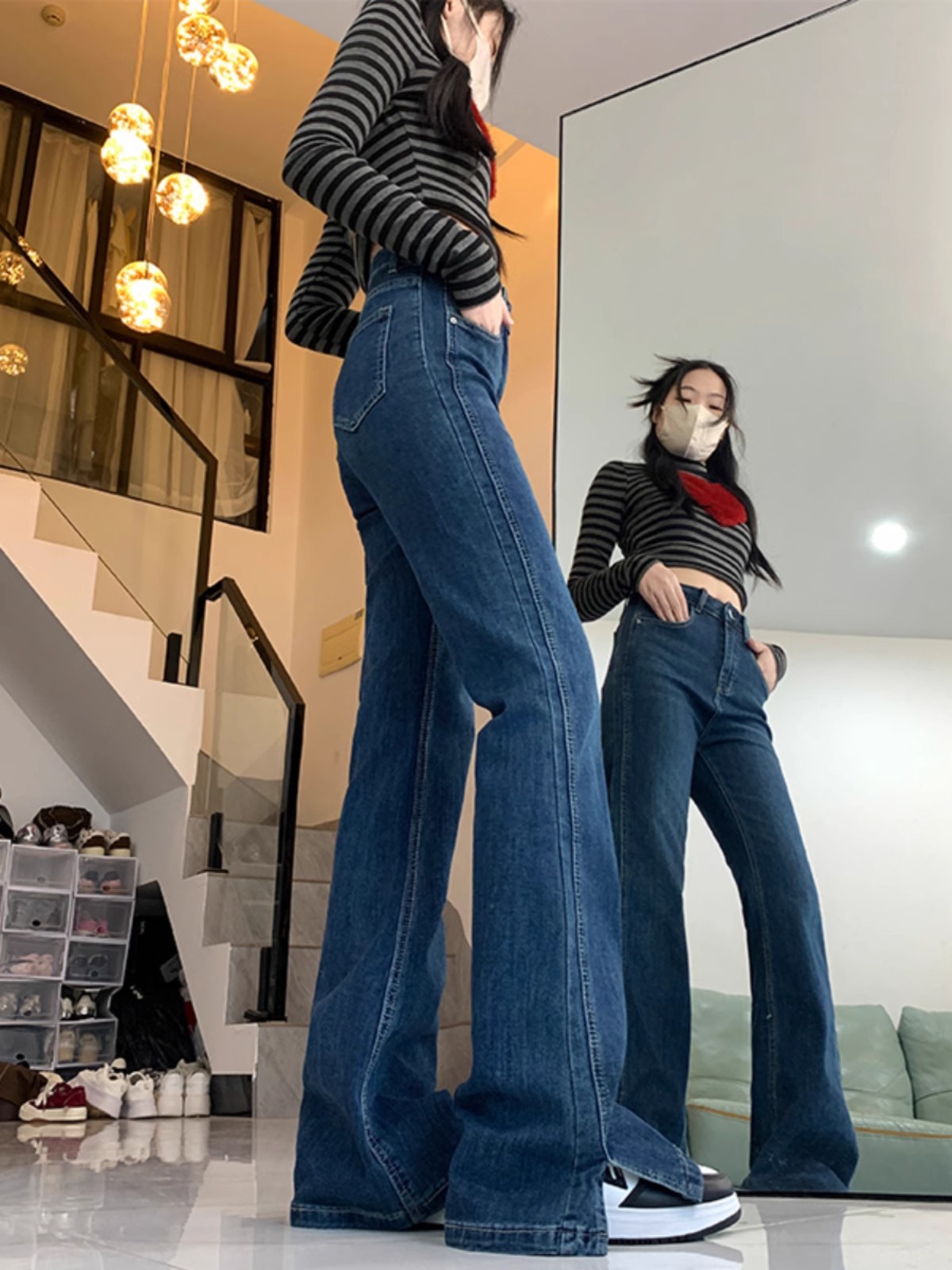 春秋季新款不貼腿微喇叭牛仔褲女寬鬆顯瘦大碼開叉馬蹄褲子