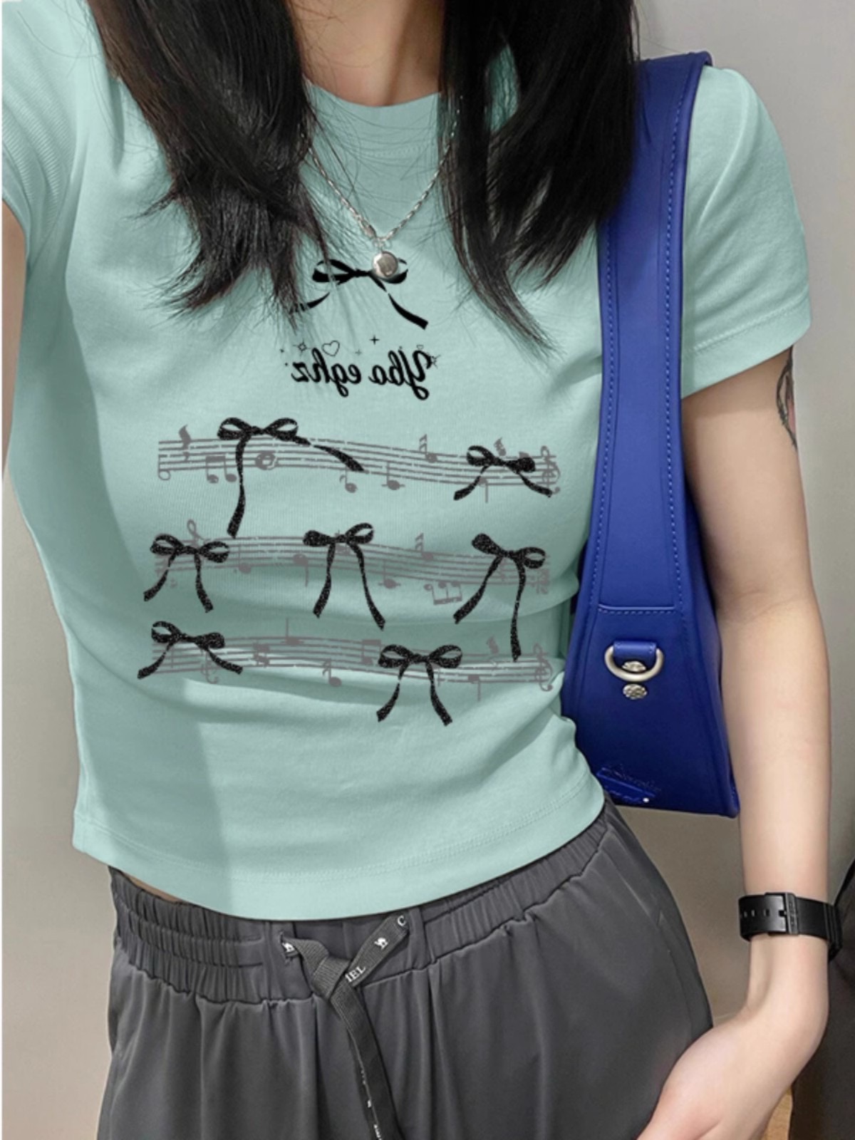高質量純棉210克40支奧代爾92棉 8氨綸印花修身辣妹短款t恤女