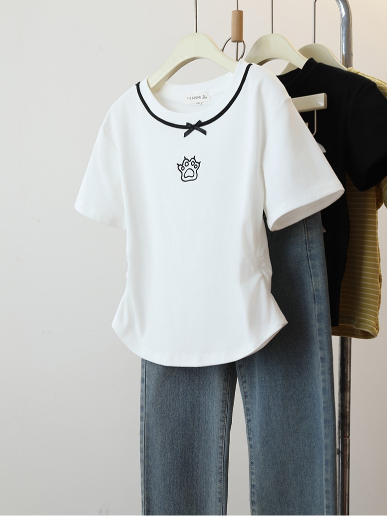 Real shot 1*1 thread 210g short-sleeved T-shirt summer 2025 trendy embroidered front shoulder slim short round neck top for women