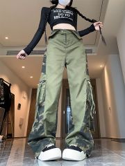 實拍！！！工裝褲假兩件拼接小眾設計迷彩褲街頭垂感直筒褲