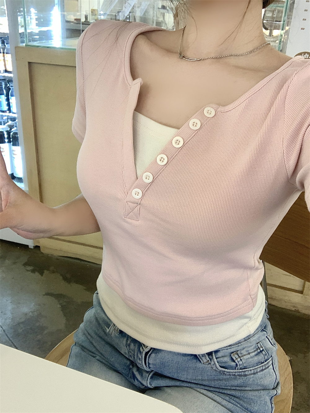 實拍  40支純棉210克92棉/8氨綸短袖T恤女假二件