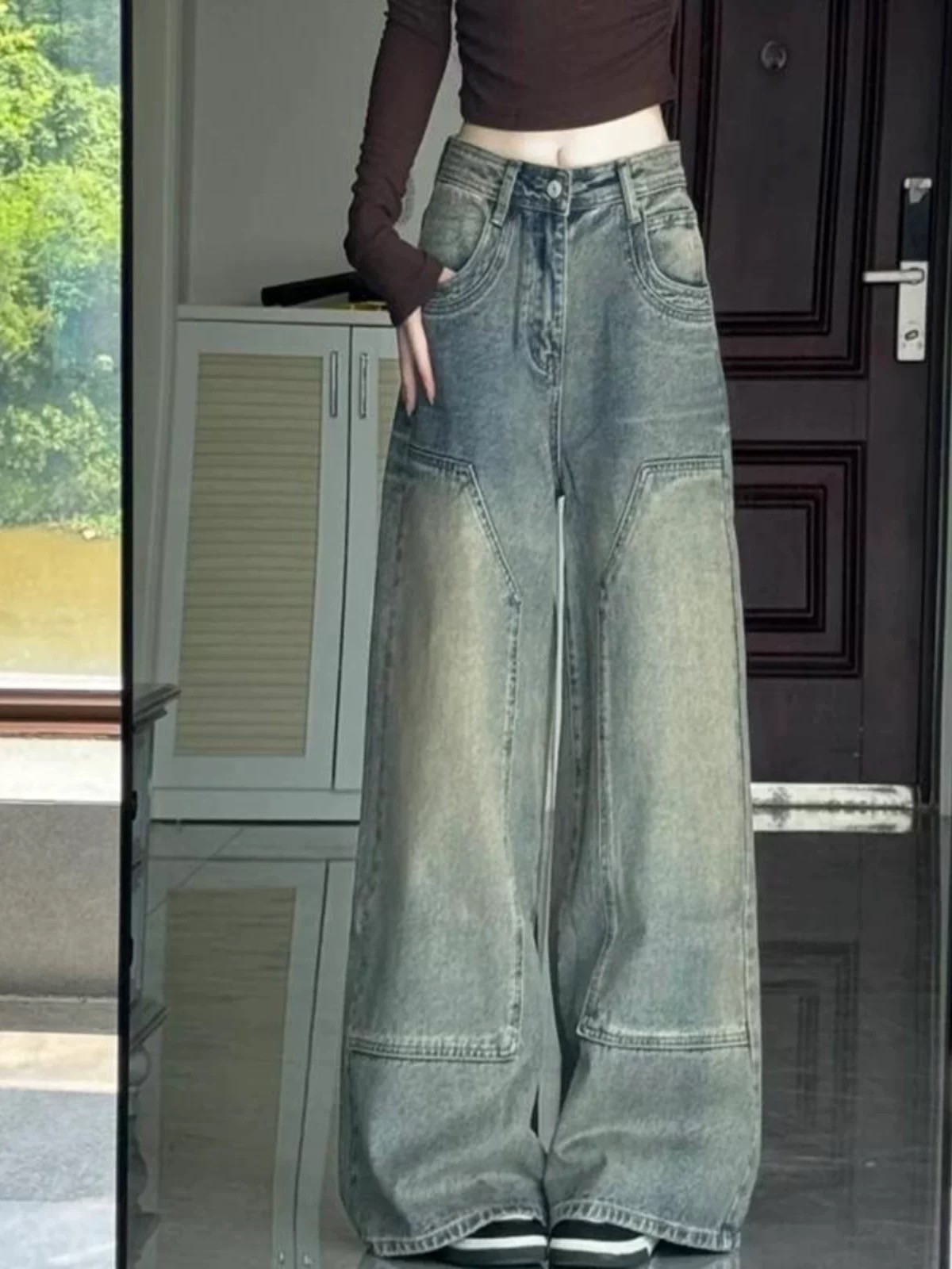 美式復古拼接牛仔褲女春秋季新款高腰寬鬆顯瘦闊腿拖地長褲