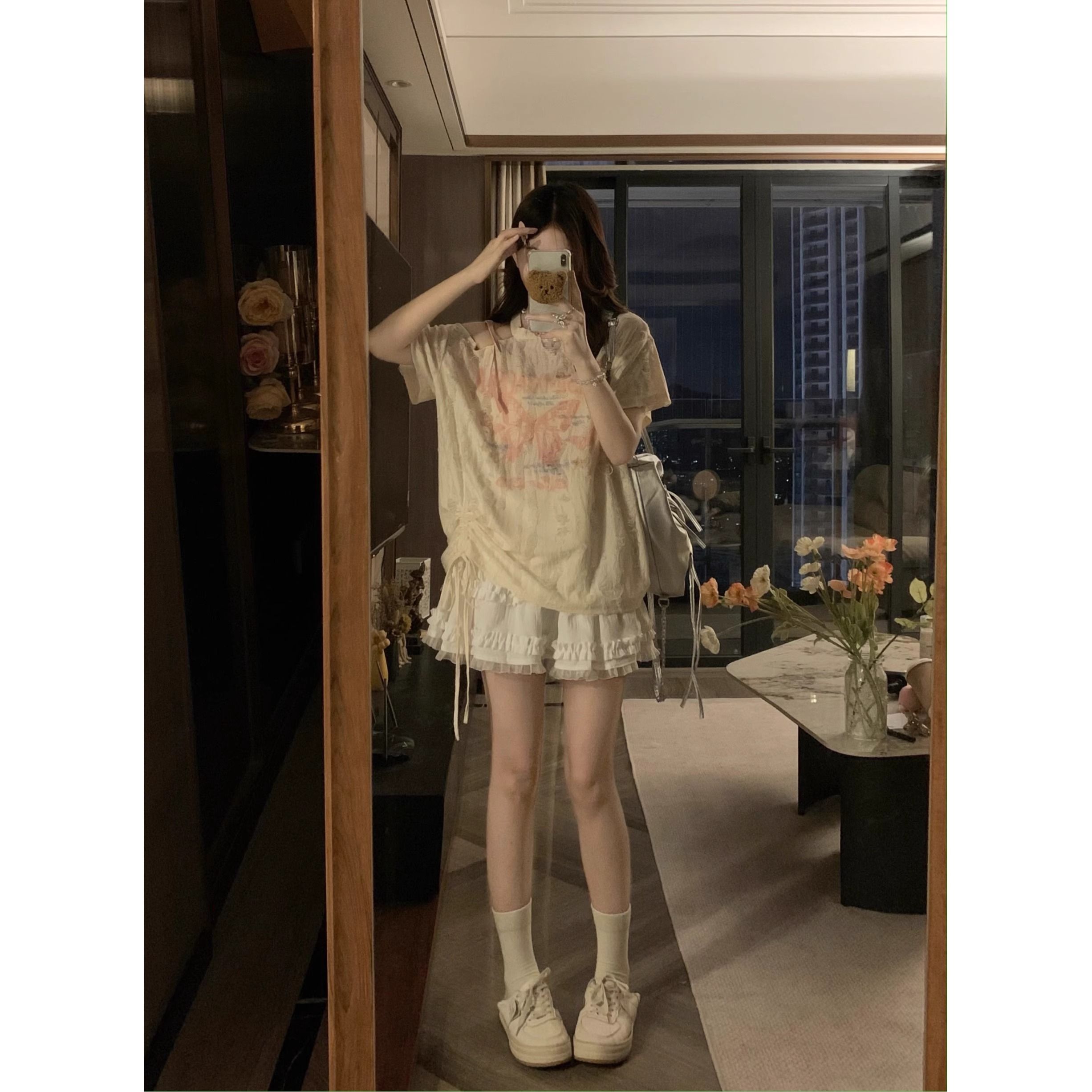 Official picture original ripped cloth summer new Korean bow printed drawstring off-shoulder short-sleeved sunscreen T-shirt