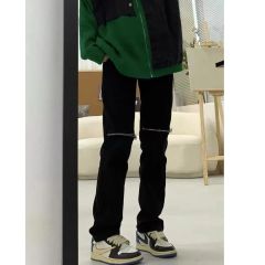 美式高街vibe黑色直筒牛仔褲女夏季薄款寬鬆設計感拉鏈拖地褲子潮