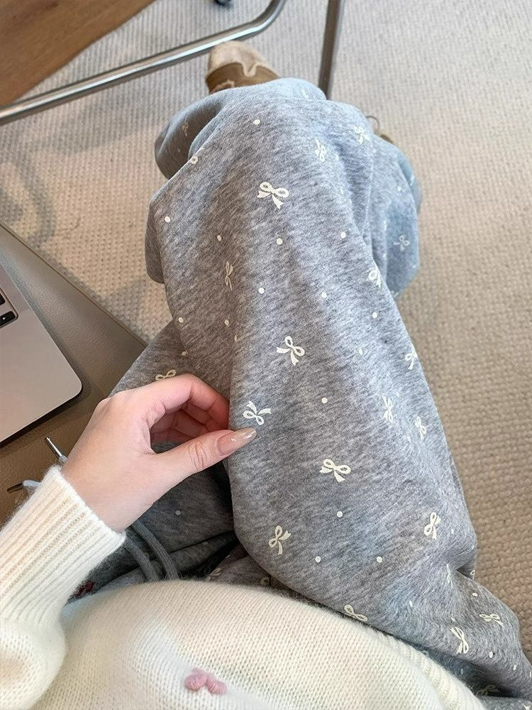 立體腰頭 韓系復古蝴蝶結波點闊腿褲女春秋百搭垂感長褲灰色衛褲