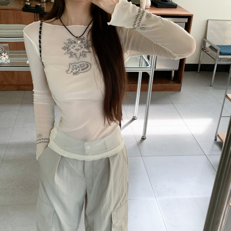 春新款性感辣妹別致透視長袖T恤上衣
