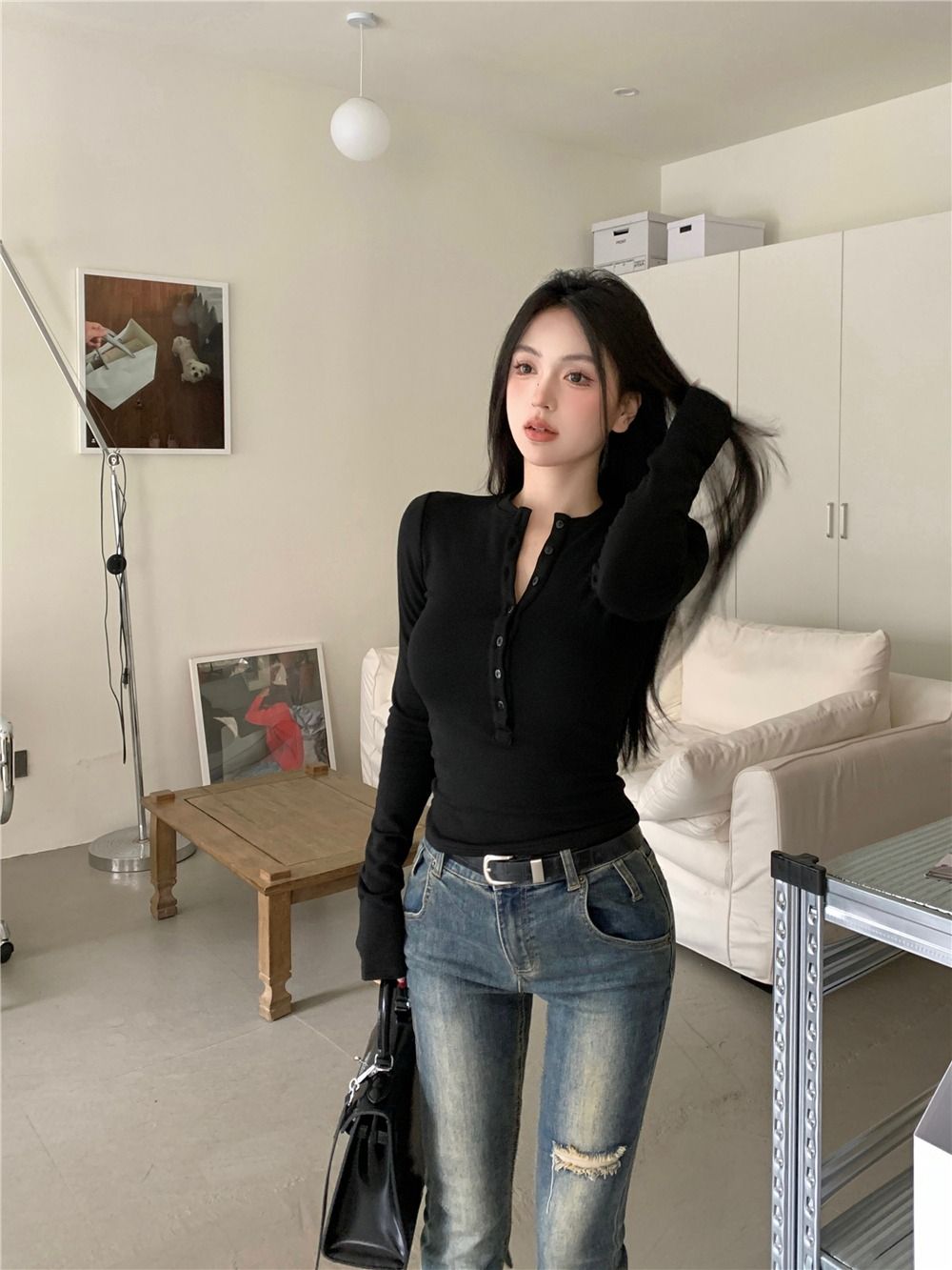 設計感T恤女裝秋冬疊穿內搭打底衫緊身修身顯瘦短款上衣