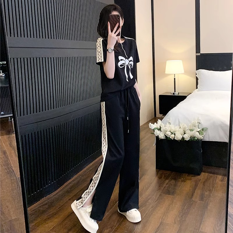 原版做工運動短袖套裝女2025年休閒時尚洋氣顯瘦闊腿褲兩件套