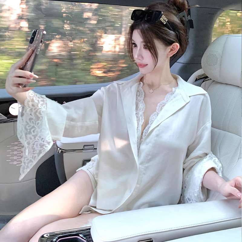 春秋蕾絲拼接假兩件中長款襯衫寬鬆慵懶御姐長袖上衣女