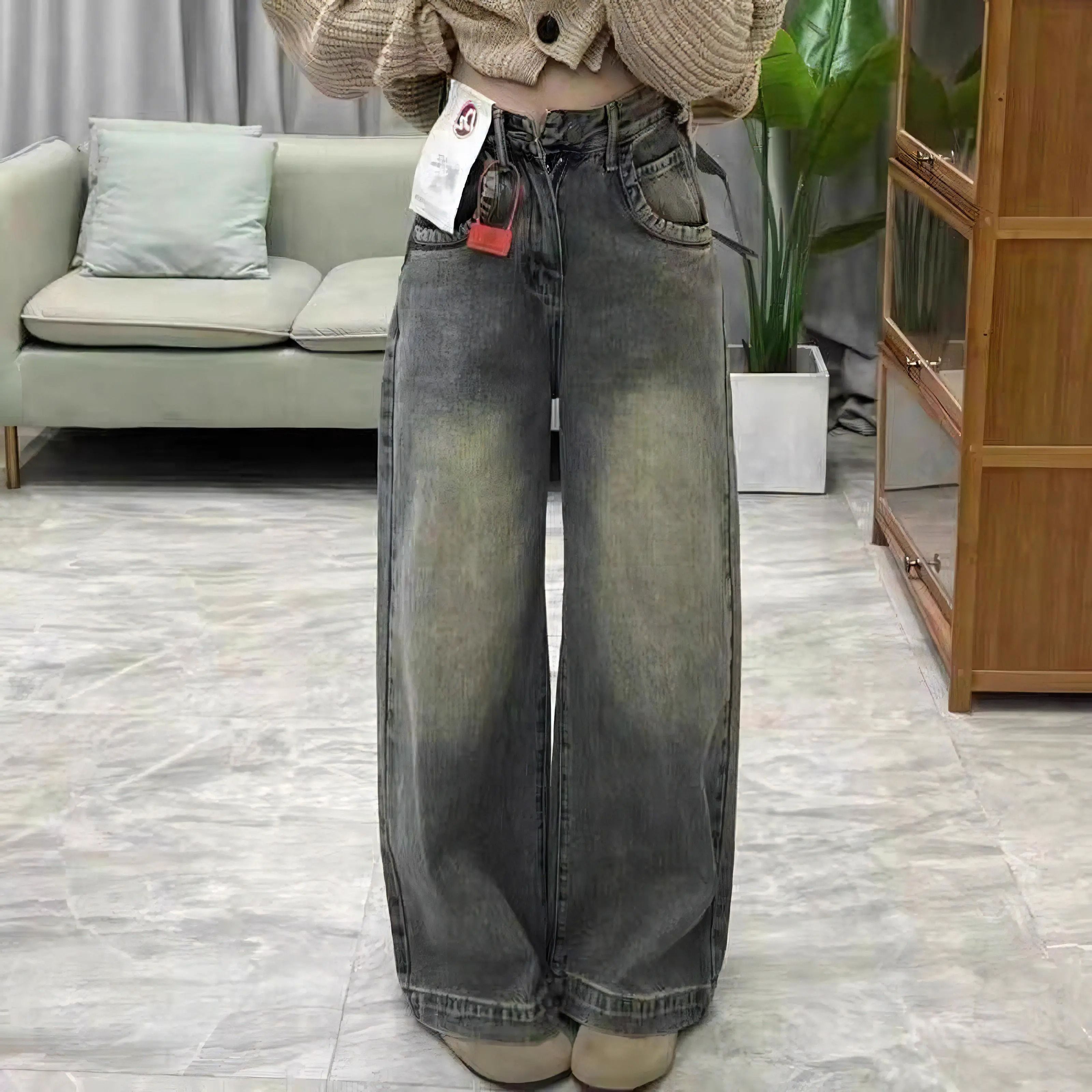 韓版復古闊腿牛仔褲女春秋新款做舊水洗高腰顯瘦寬鬆直筒拖地褲