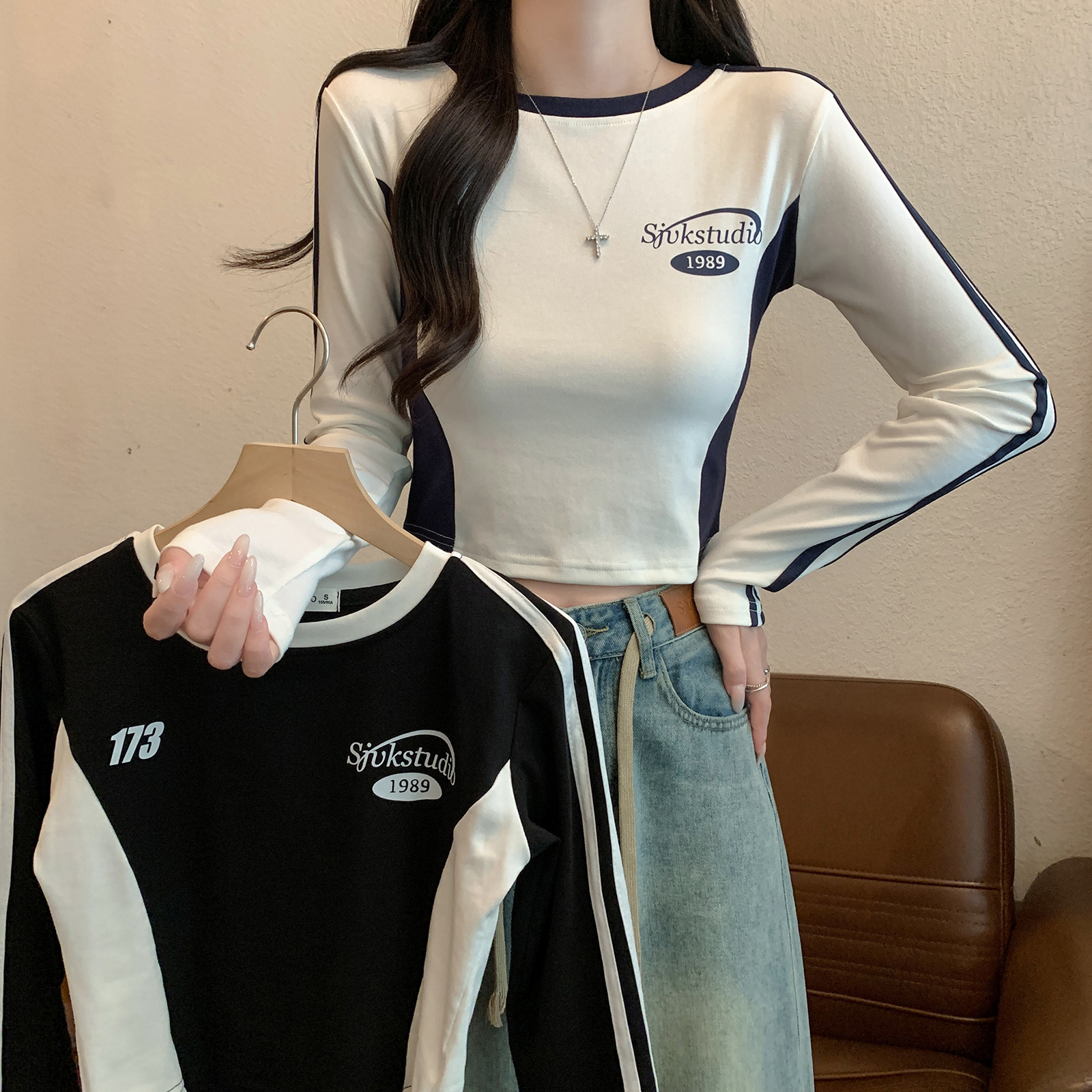 實拍1*1螺紋210克長袖t恤女裝2025早春新款薄修身打底衫圓領上衣