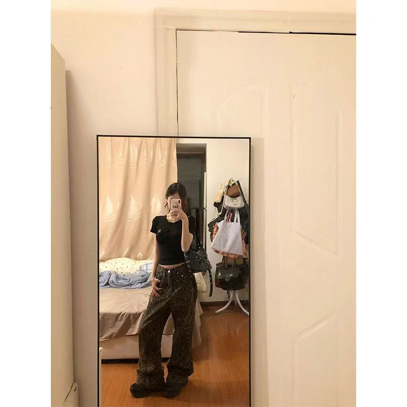 美式辣妹高街百搭寬鬆闊腿豹紋牛仔褲女2025早春顯瘦vibe長褲氣質