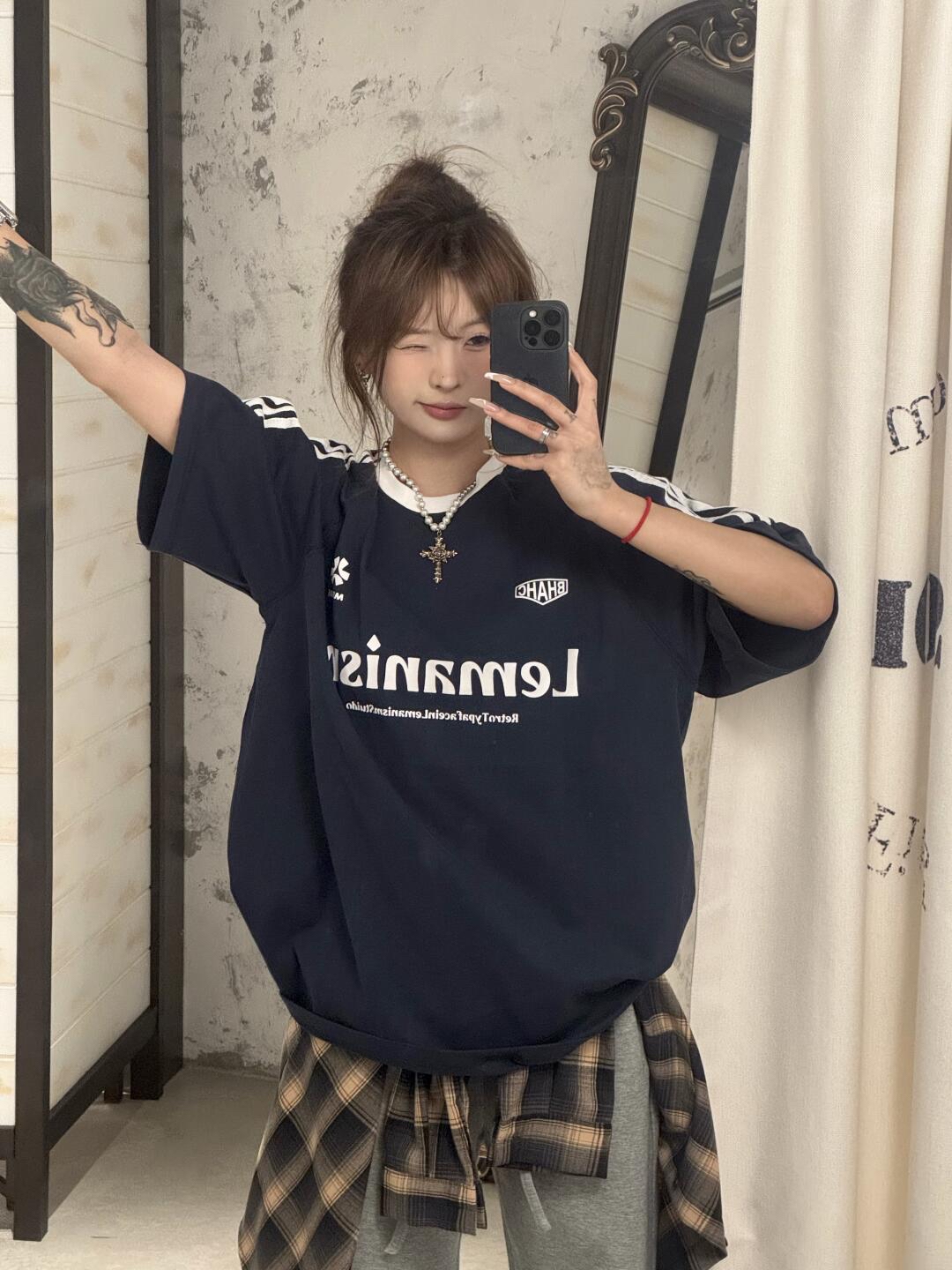 High-quality pure cotton 200g 21 combed precision front and rear printing three-bar drop shoulder short-sleeved T-shirt for women