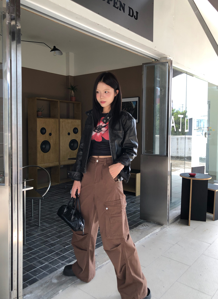 實拍美式高街復古工裝褲女春季高腰寬鬆闊腿褲休閒褲直筒褲長褲子