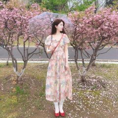 法式溫柔風減齡碎花泡泡袖連衣裙初戀奶甜收腰顯瘦氣質仙女裙子夏