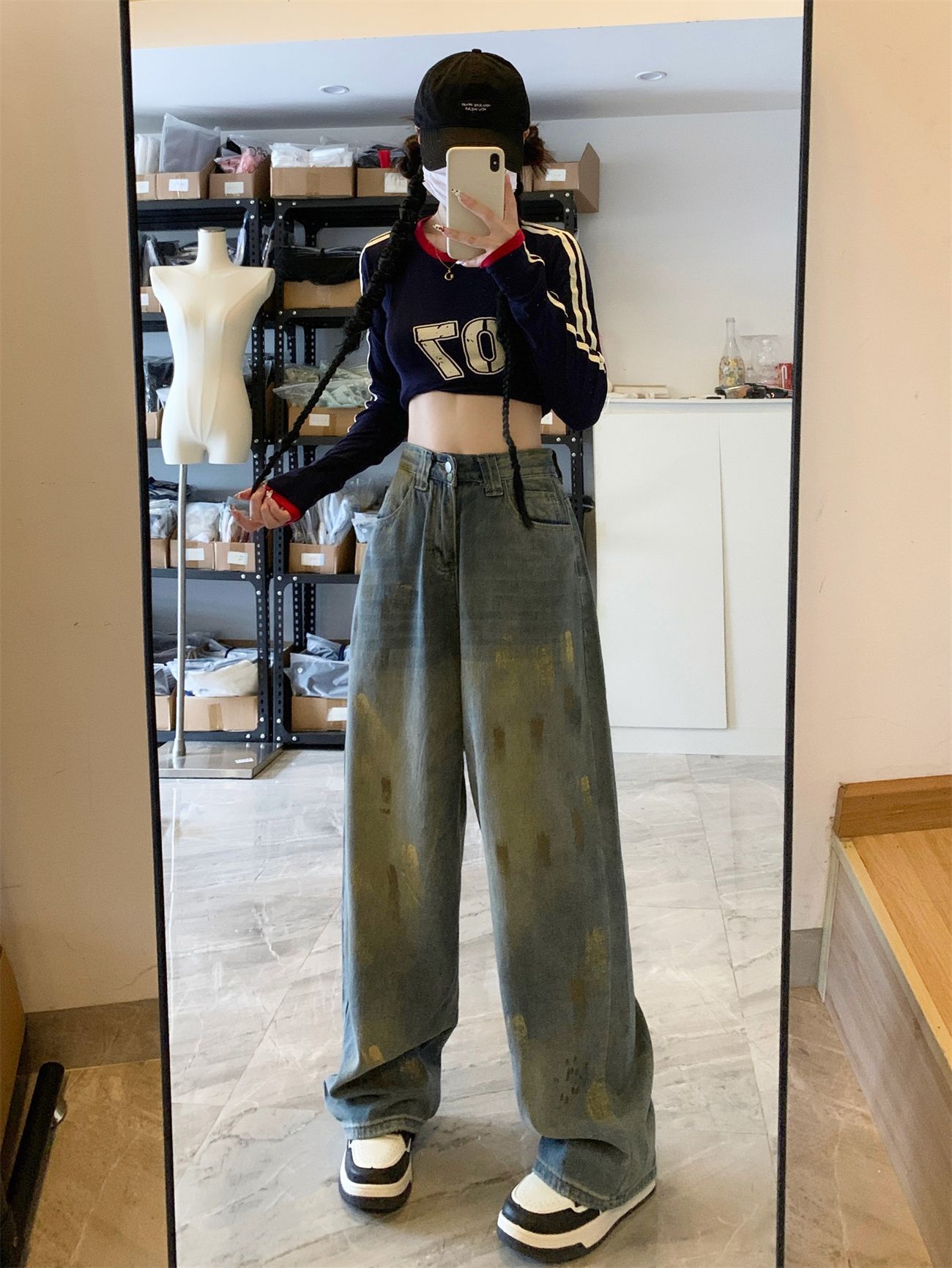 復古做舊潑墨塗鴉牛仔褲女新款ins潮牌美式街頭寬鬆直筒闊腿褲子