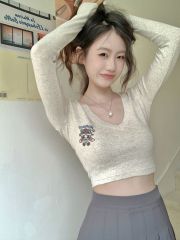 V領可愛高腰露臍緊身短款T恤長袖打底衫