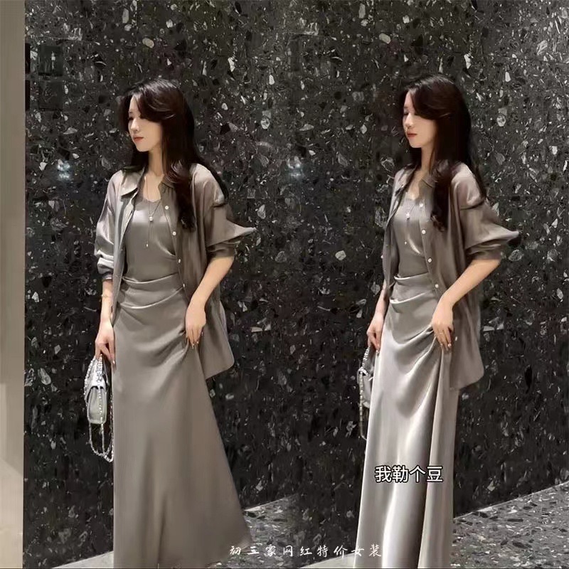 高級小眾超仙防曬吊帶裙兩件套女2025夏季新款開叉襯衫時尚套裝潮